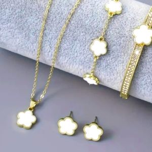 4 PC. Set Lucky Colver White Necklace 2 Bracelets & Earrings Set Stainless Steel
